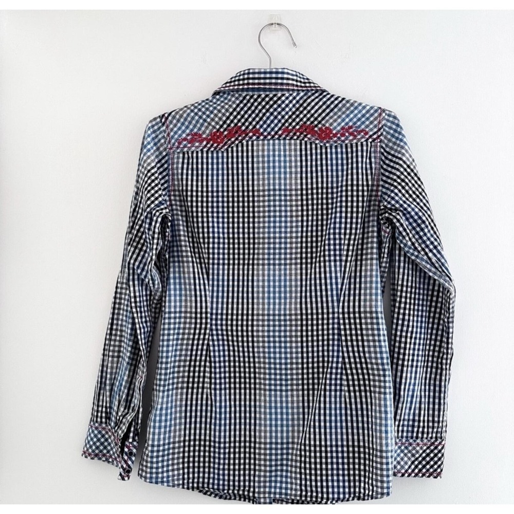 Blue Ariat Western Style Gingham Button-Up Shirt, Red Embroidered American Rose - Picture 9 of 9